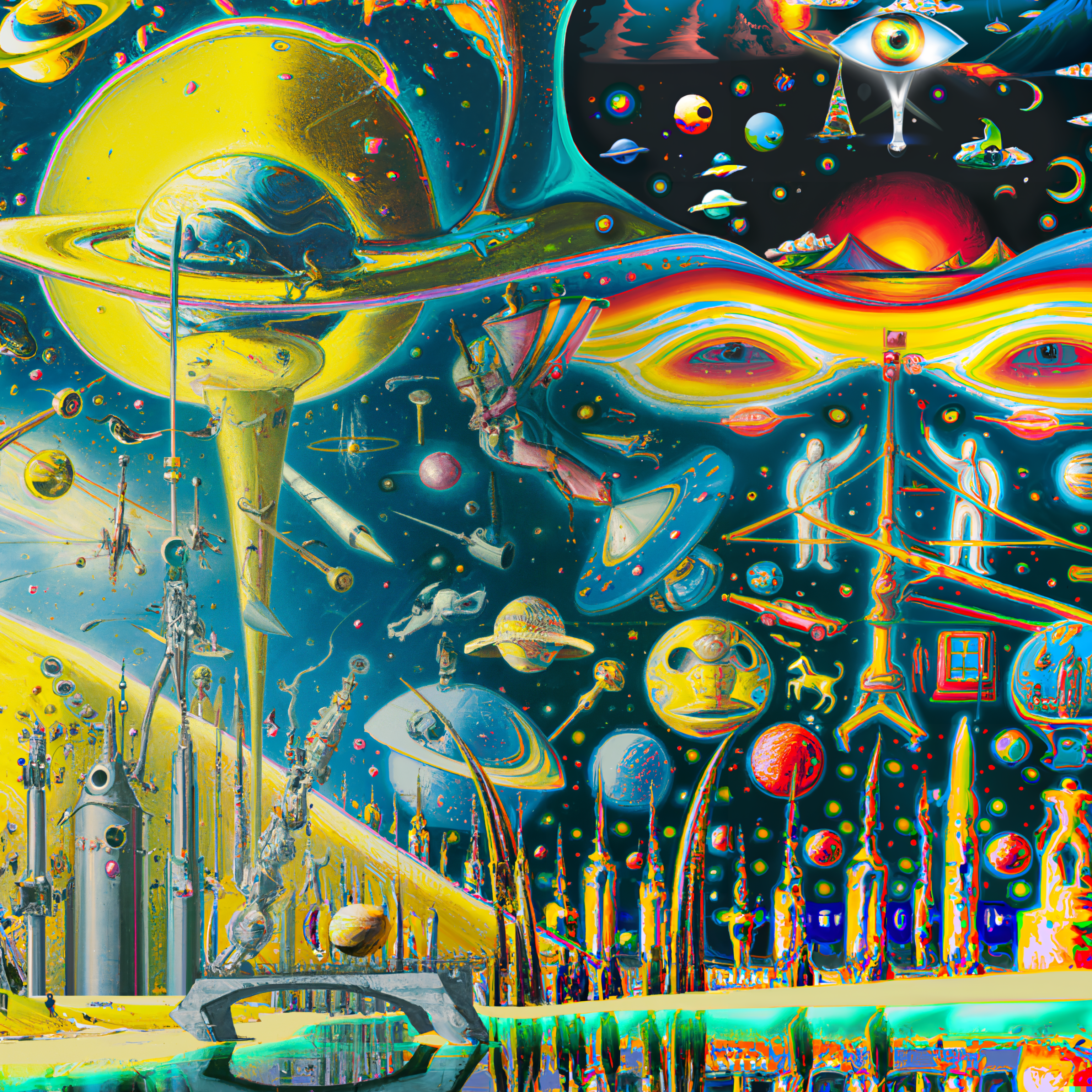 A painting, in the style of Salvador Dalí, that shows a large number of planets and spacecraft above the surface of a yellow planet, with a bridge over water and strange buildings reflected in the pool