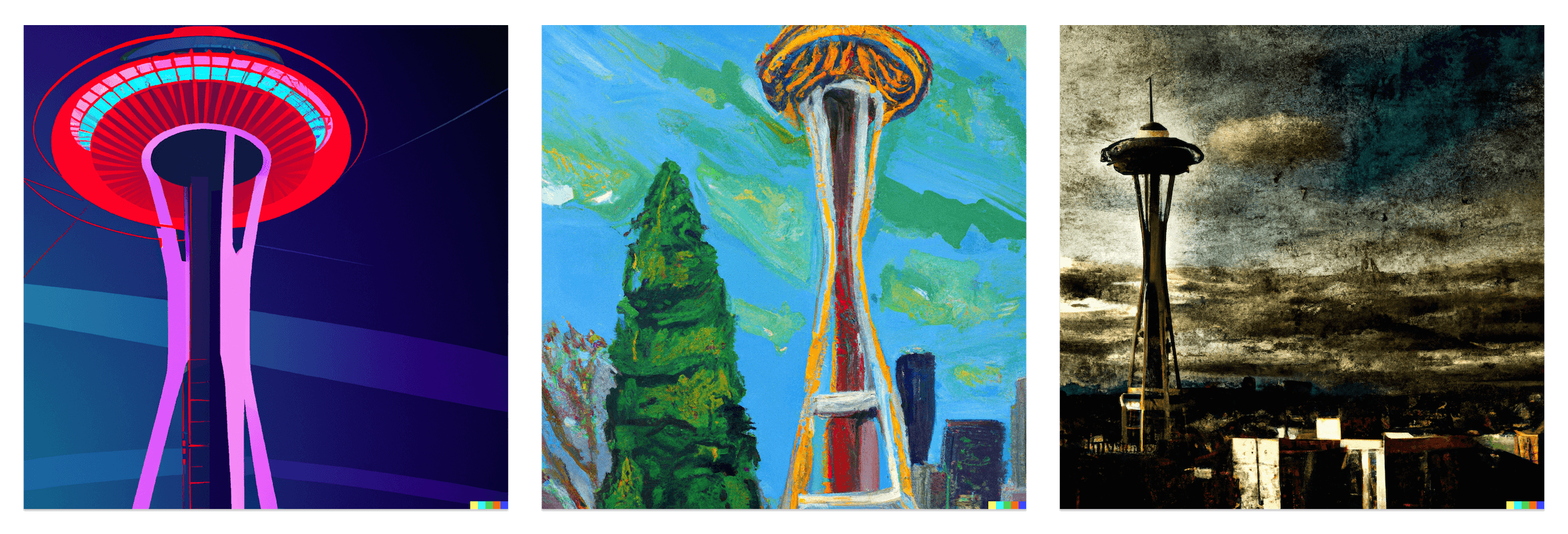 Three photos of the Seattle Space Needle from varying perspectives, all in different art styles